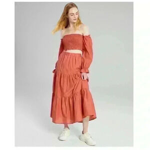 And Now This Womens 100% Cotton Tiered Pull-On Maxi Skirt Rose Gold Size S Boho